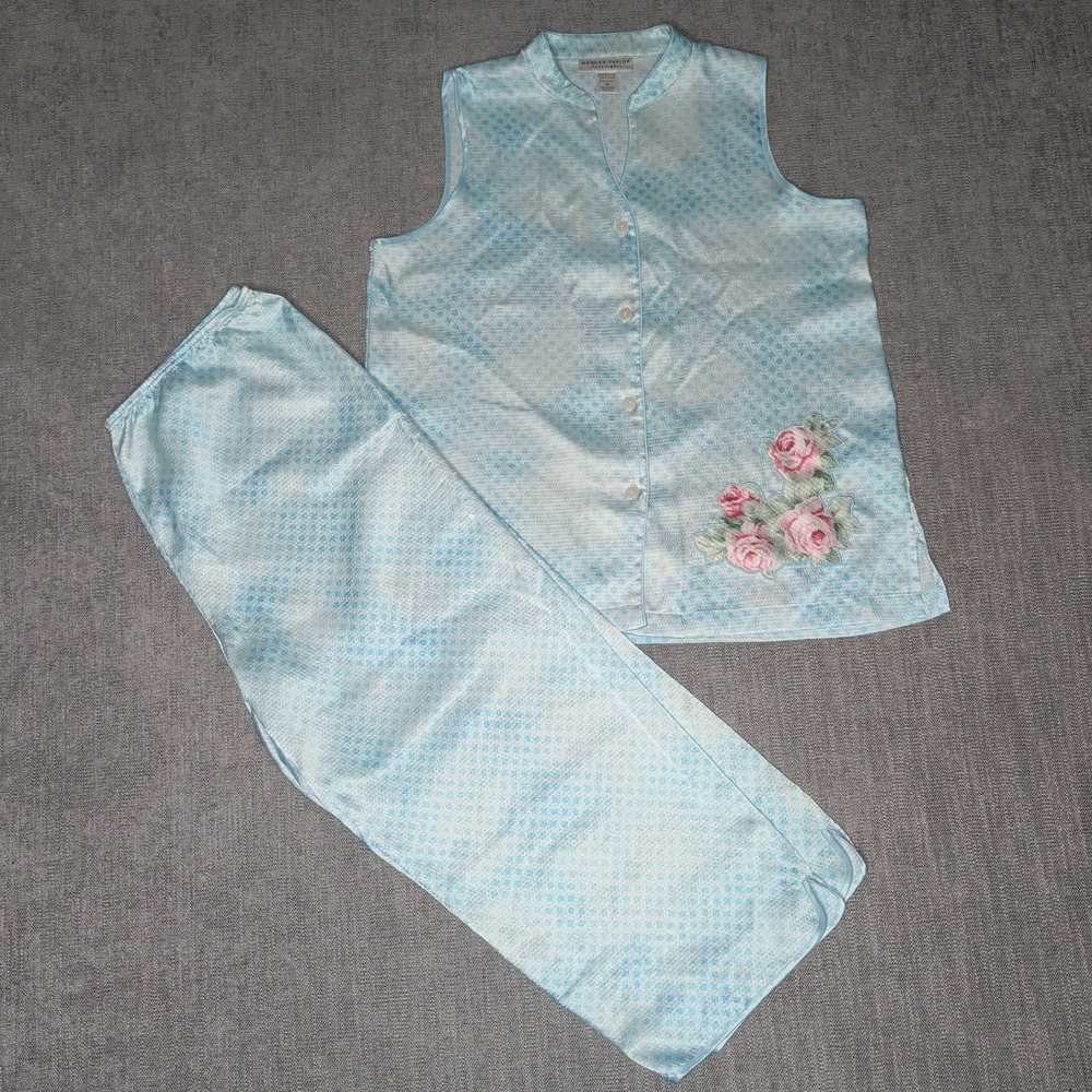 Morgan Taylor Intimates Blue Satin Floral Pajama Set Sleeveless Top Pants M